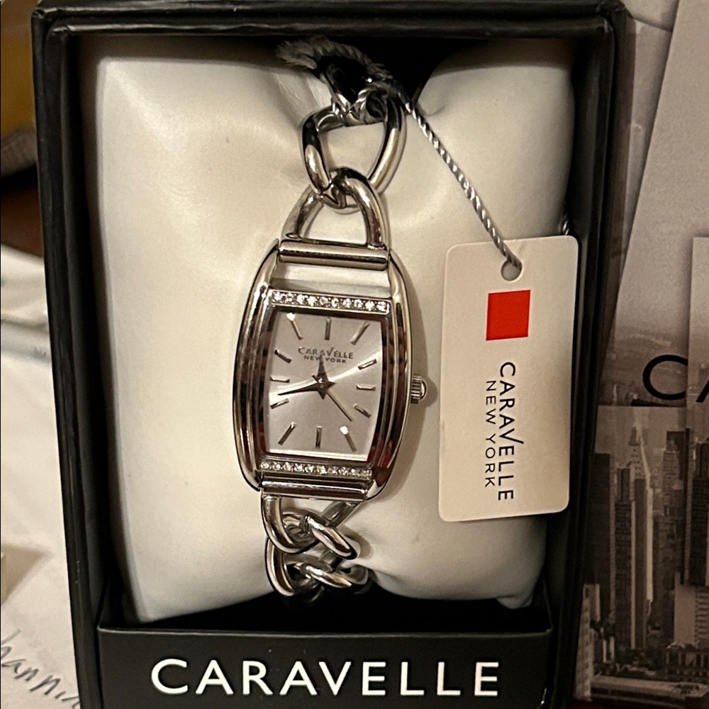 Caravelle New York Silver Crystal Accent Chain-Link Watch